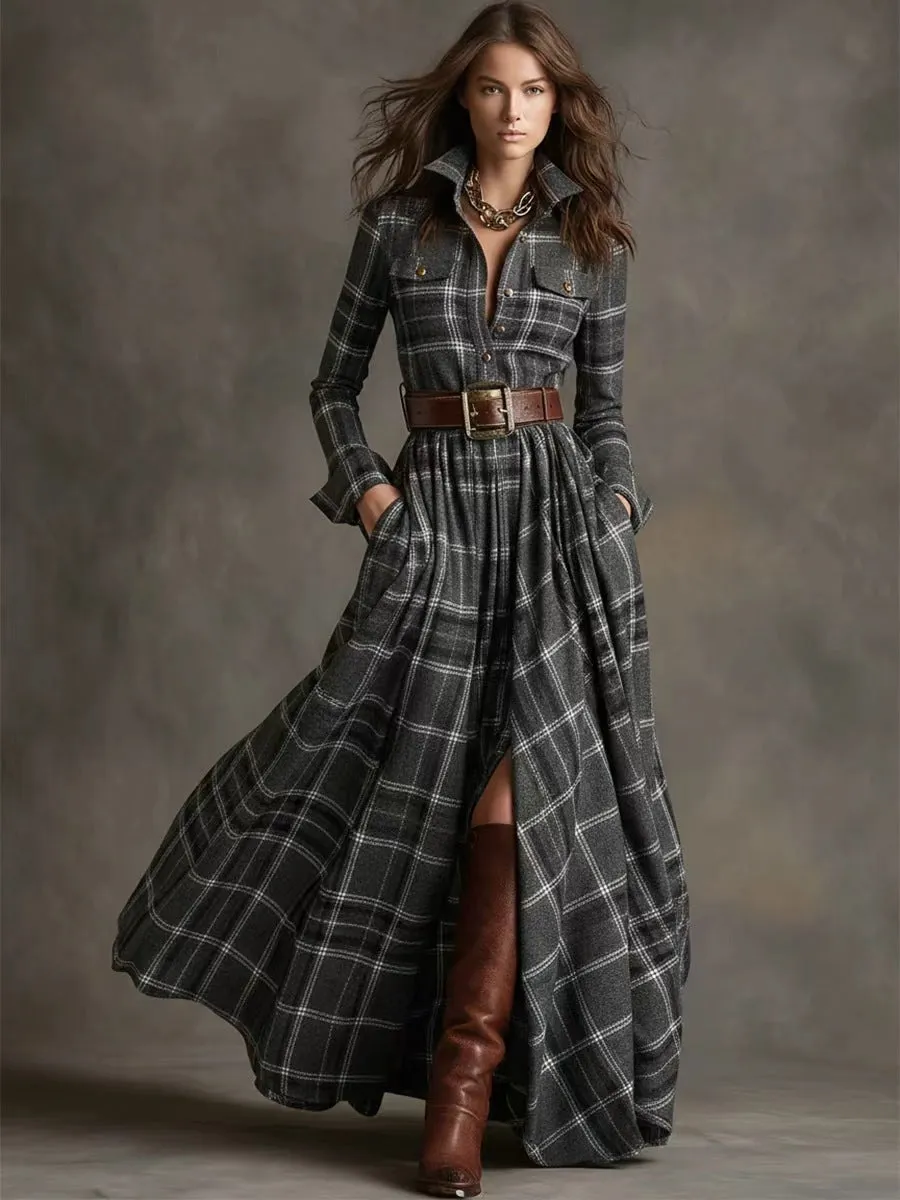 Women's Geometric Plaid Irregular Dress with Stitching Detail Mid Waist Fit Available in S-XXL Black Gray Navy Blue Green Khaki Polyester Fabric