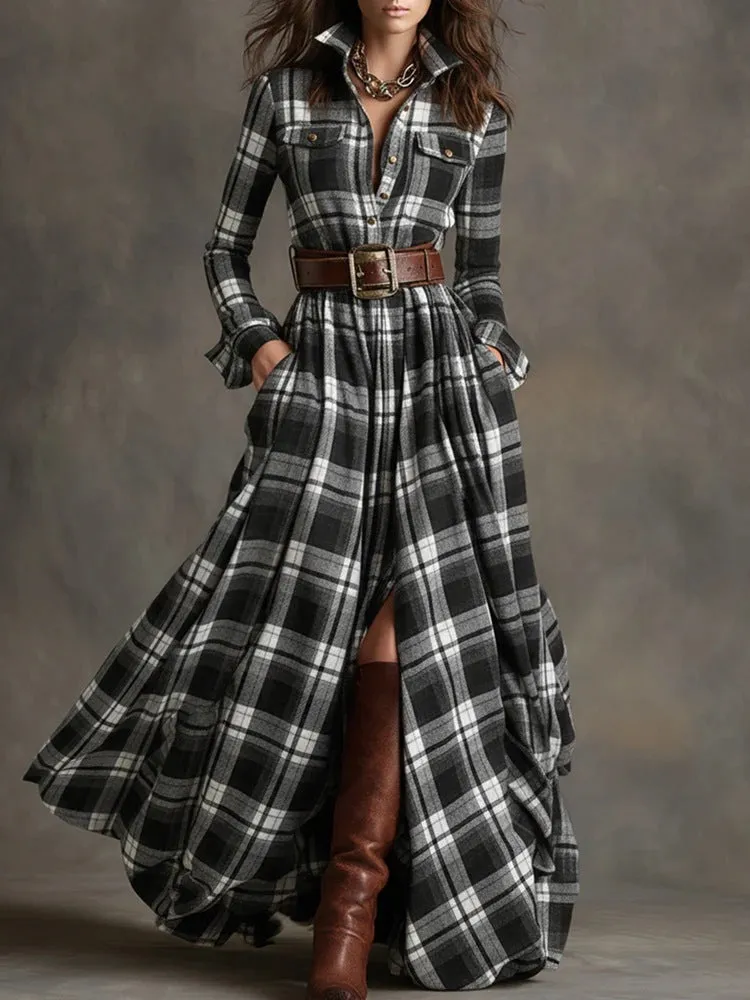 Women's Geometric Plaid Irregular Dress with Stitching Detail Mid Waist Fit Available in S-XXL Black Gray Navy Blue Green Khaki Polyester Fabric