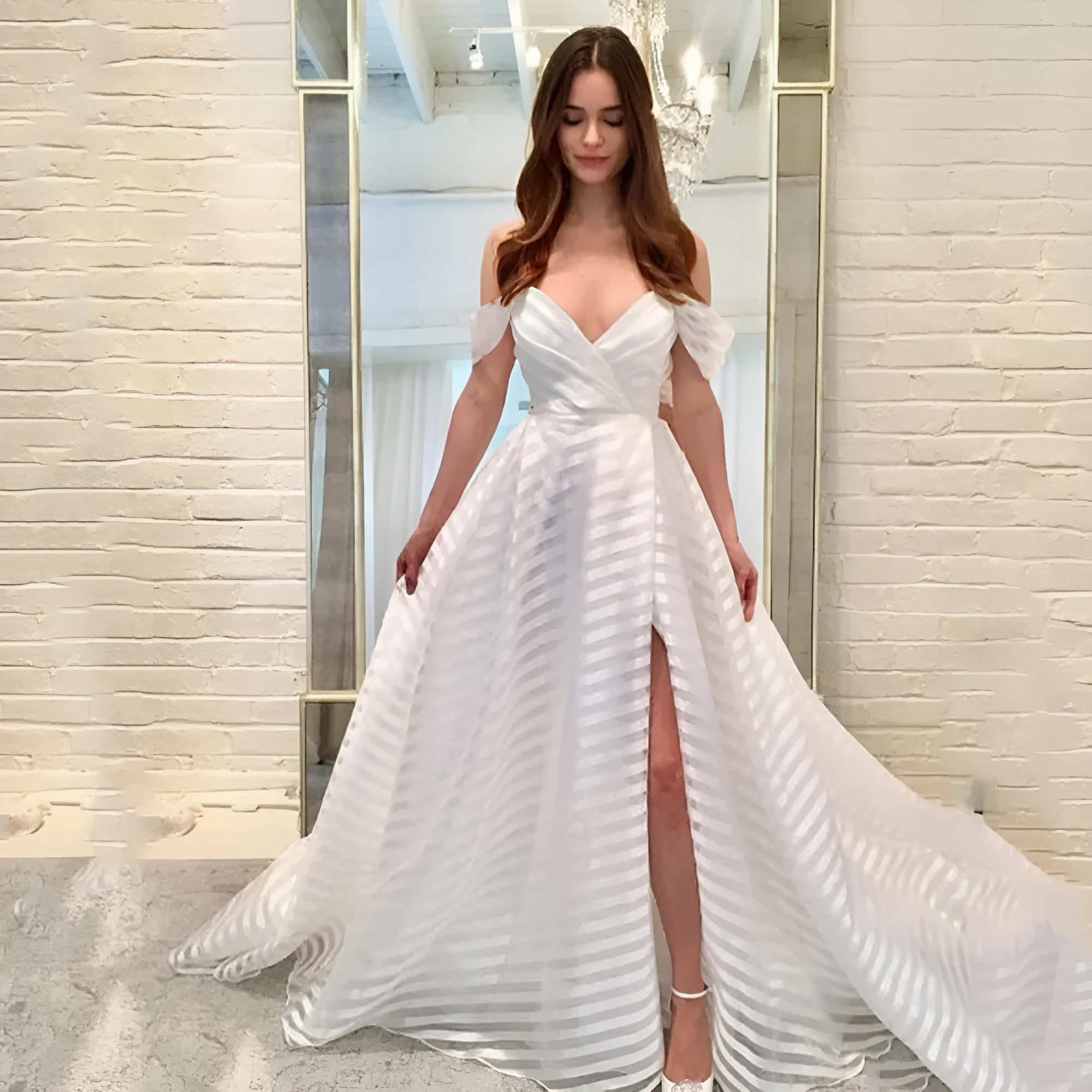 Women's white sheer organza sleeveless long trailing dress with mid waist