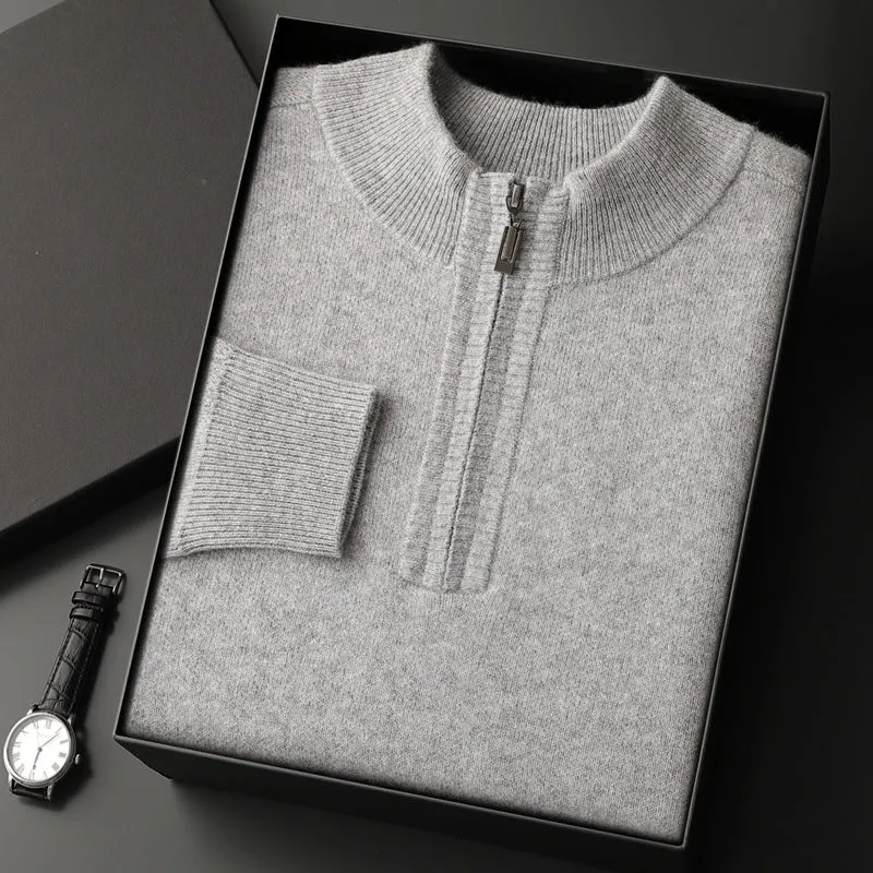 Men's half-high collar loose half-zip solid colour thickening pullover sweater in elephant gray with long sleeves