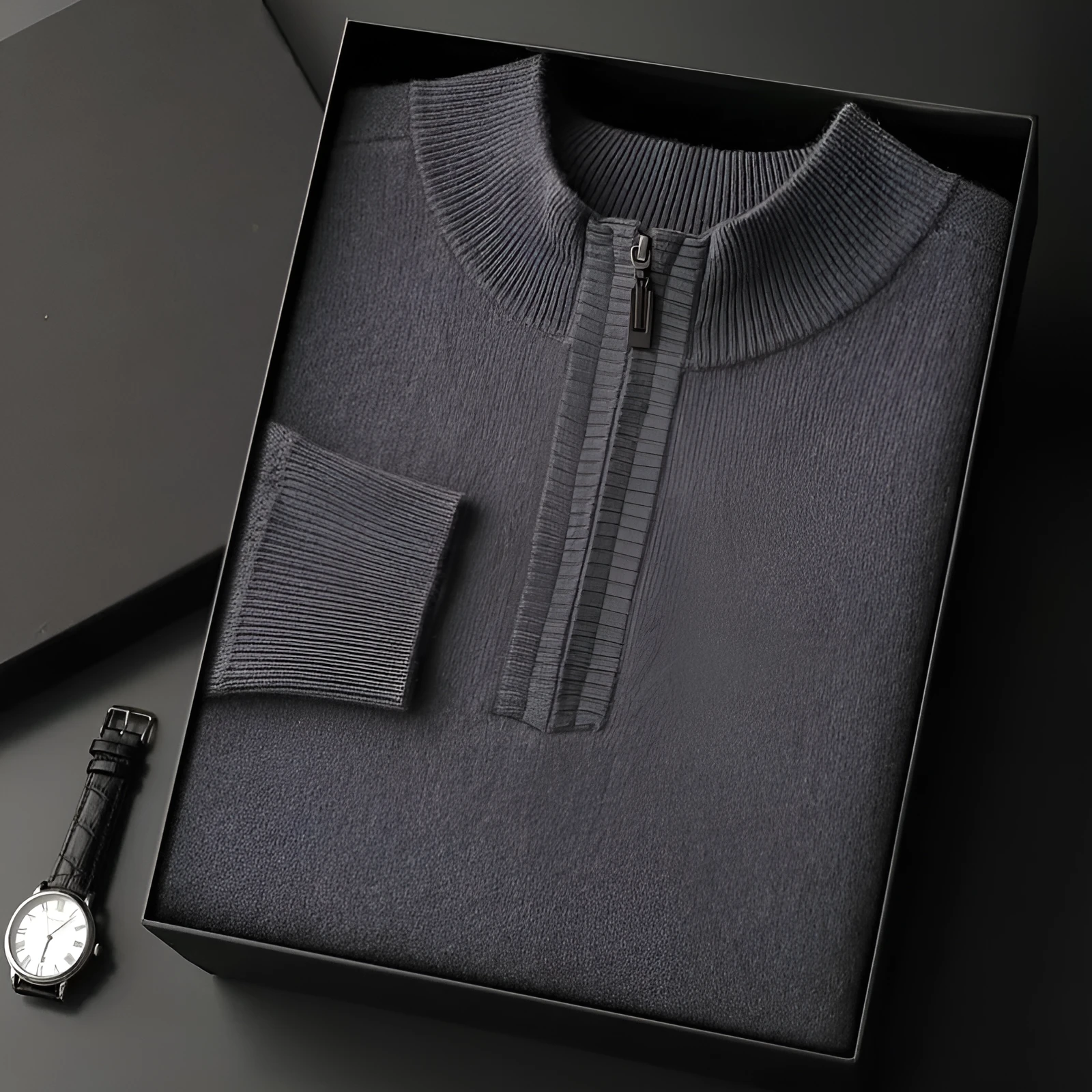 Men's half-high collar loose half-zip solid colour thickening pullover sweater in elephant gray with long sleeves