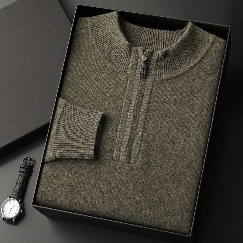 Men's half-high collar loose half-zip solid colour thickening pullover sweater in elephant gray with long sleeves