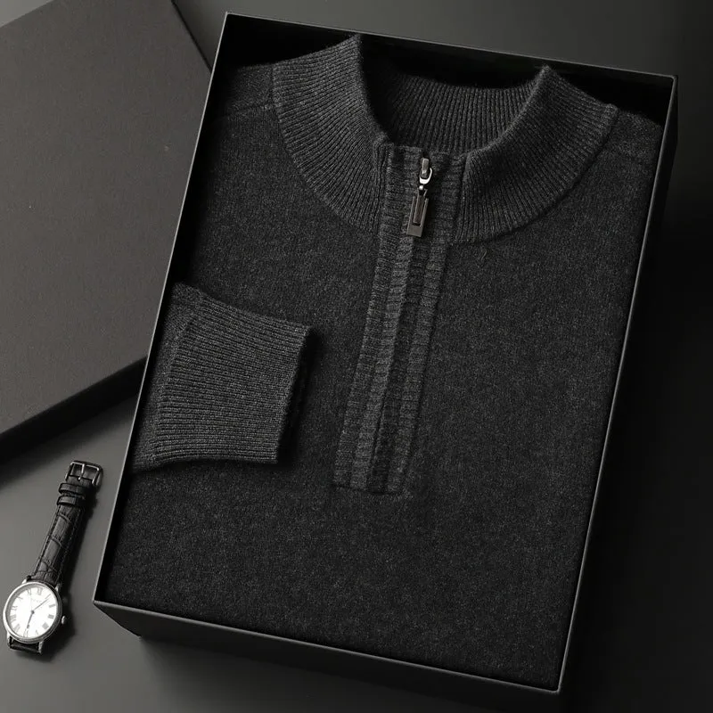 Men's half-high collar loose half-zip solid colour thickening pullover sweater in elephant gray with long sleeves