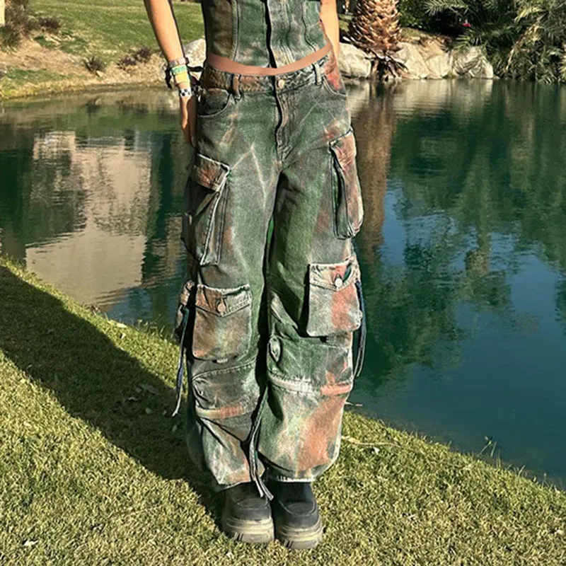Loose fit denim cargo trousers with multiple gradient colour pockets in street hipster style