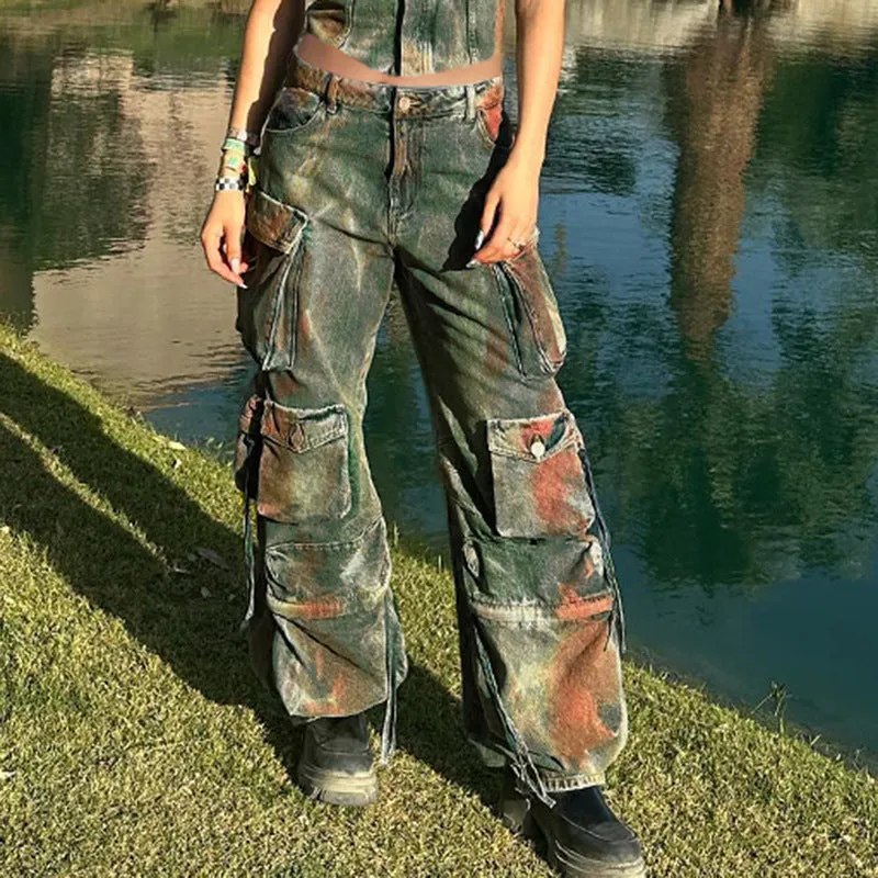Loose fit denim cargo trousers with multiple gradient colour pockets in street hipster style