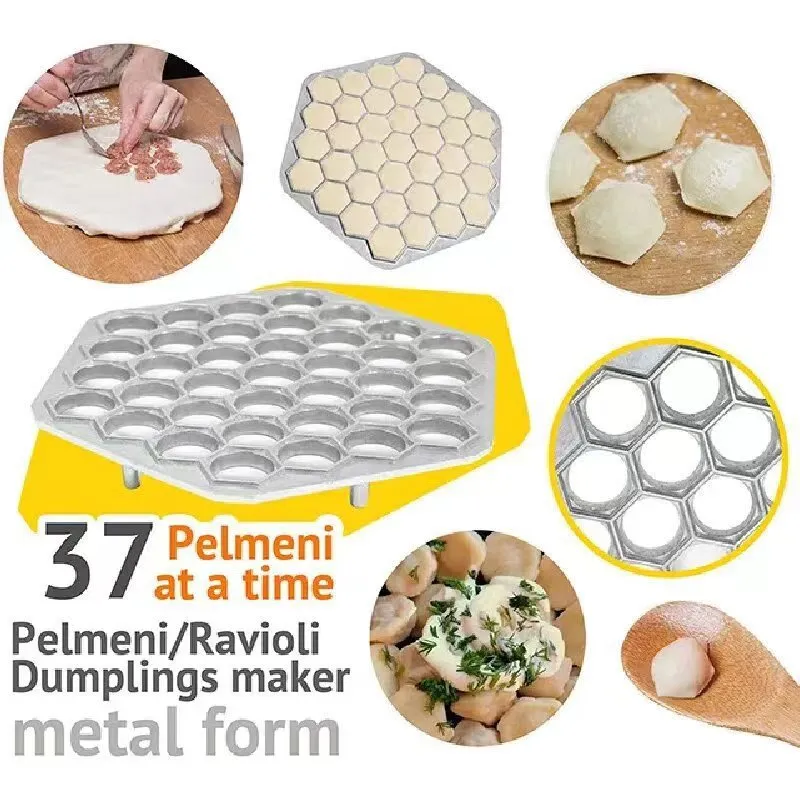 Silver aluminum alloy 37-hole dumpling mold on a plain background