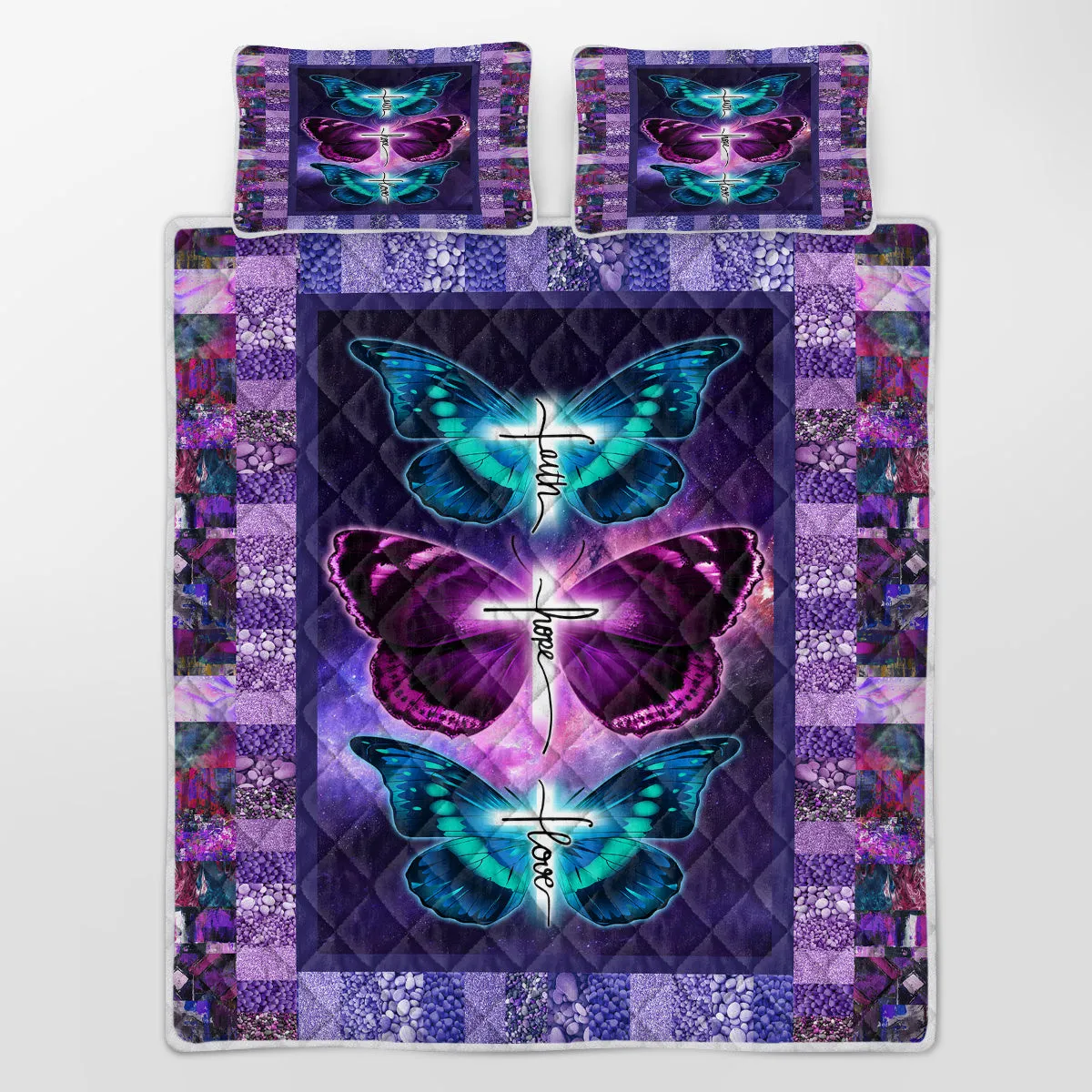 Purple 3-piece butterfly patterned pet themed microfiber bedding set with quilt and two pillow shams