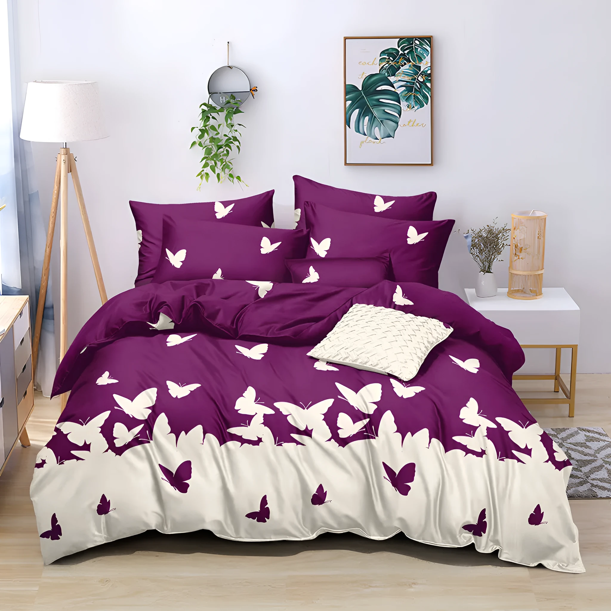 Purple butterfly 3-piece microfiber comforter set with reversible design on a bed