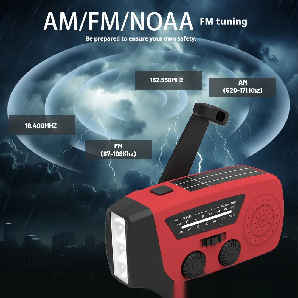 Red rechargeable hand-held emergency radio with integrated torch and wrist strap.