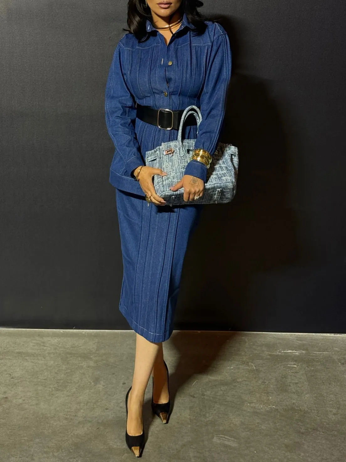 Blue denim corset style shirt dress with patchwork design and statement buttons