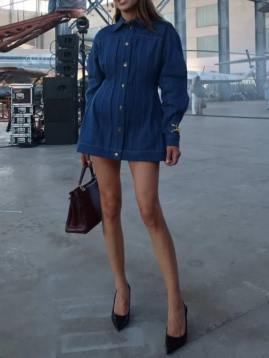 Blue denim corset style shirt dress with patchwork design and statement buttons