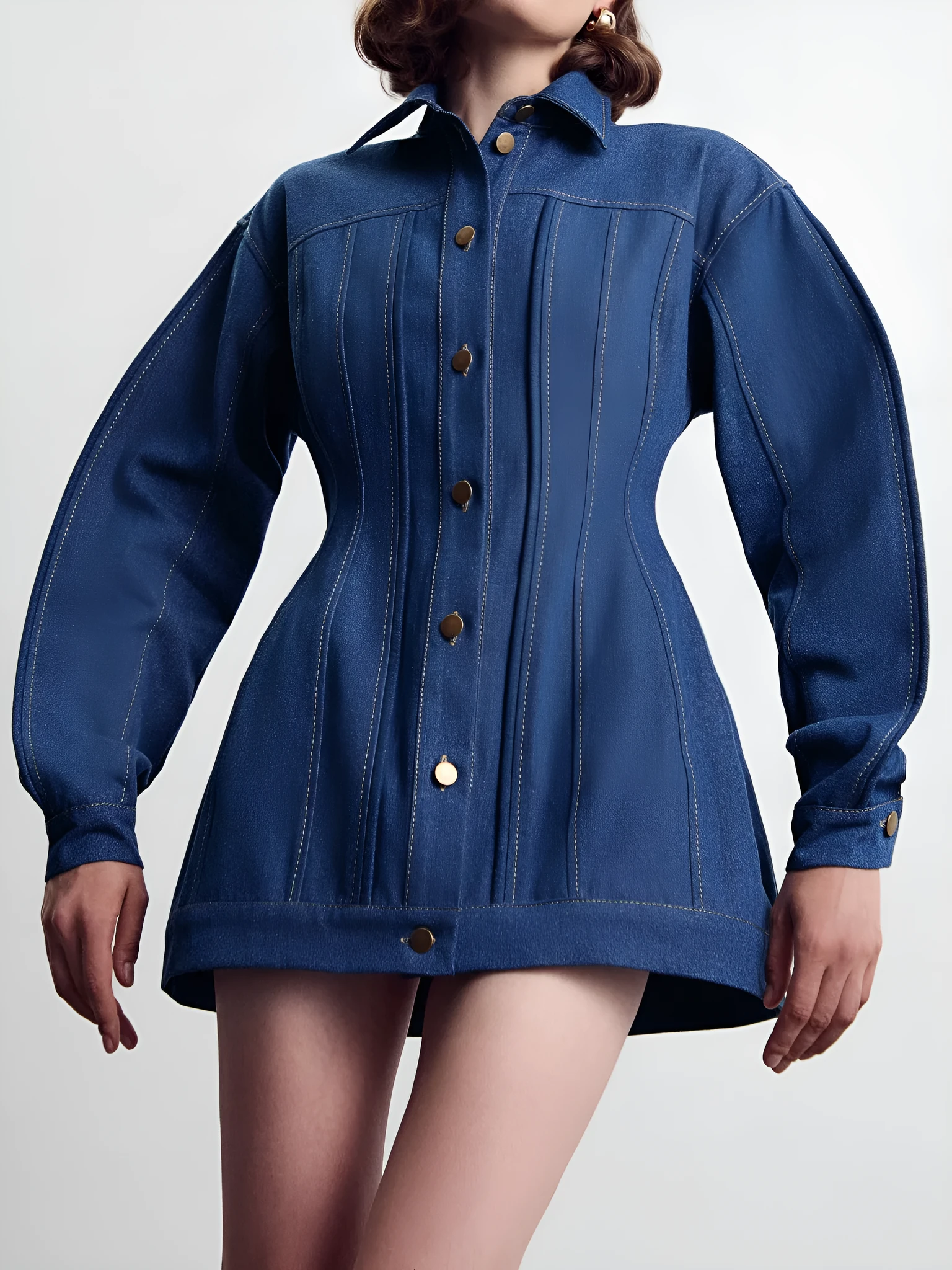 Blue denim corset style shirt dress with patchwork design and statement buttons