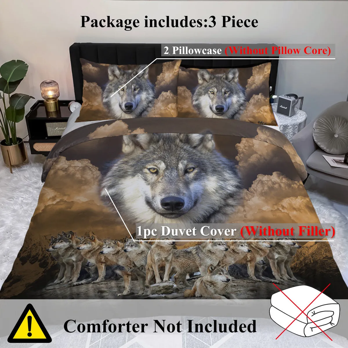 Brown 3D printed wolf pack duvet set with two pillow shams on a bed