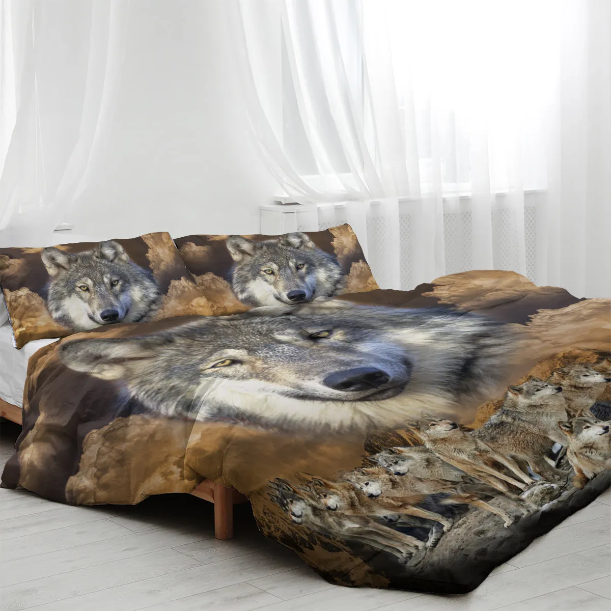 Brown 3D printed wolf pack duvet set with two pillow shams on a bed