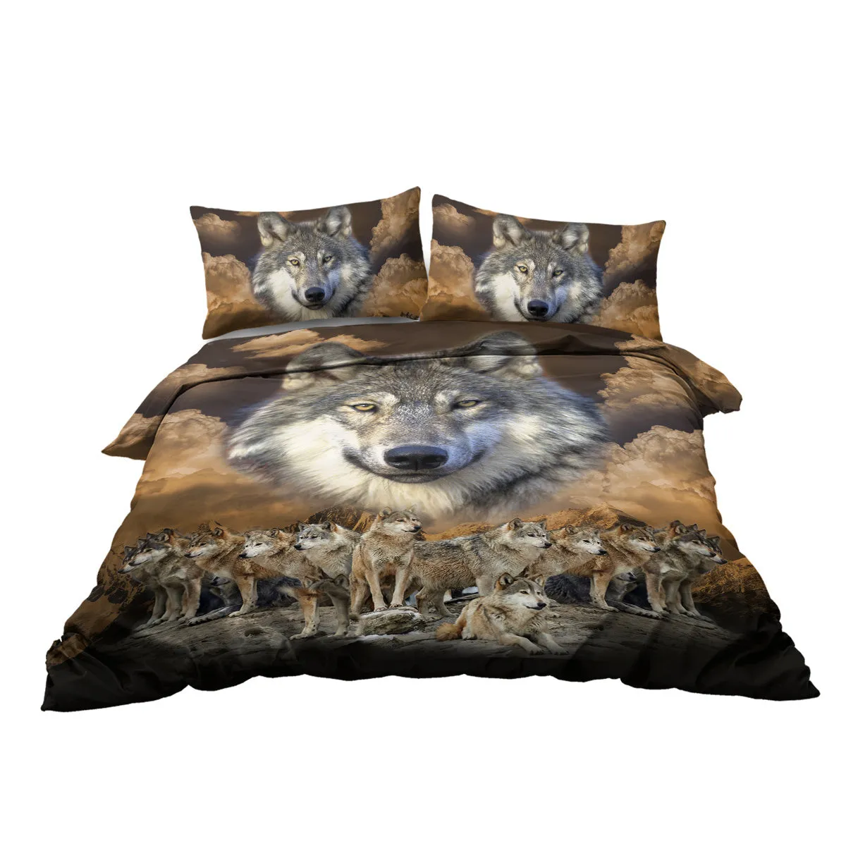 Brown 3D printed wolf pack duvet set with two pillow shams on a bed