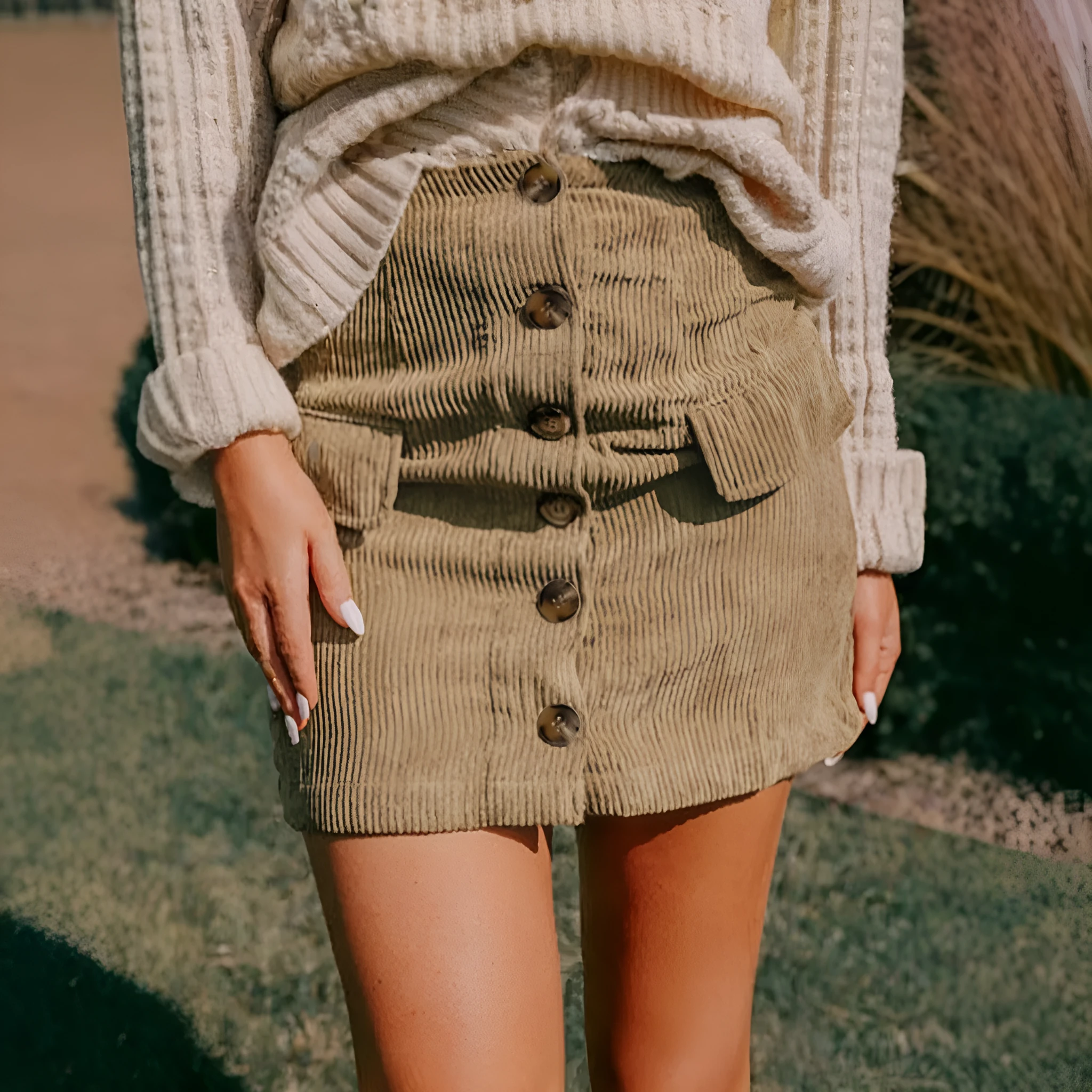Women's corduroy hip skirt in coffee colour with button detail, short length, polyester fabric