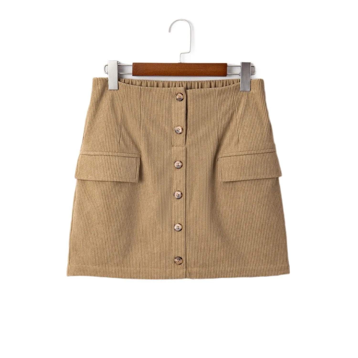 Women's corduroy hip skirt in coffee colour with button detail, short length, polyester fabric