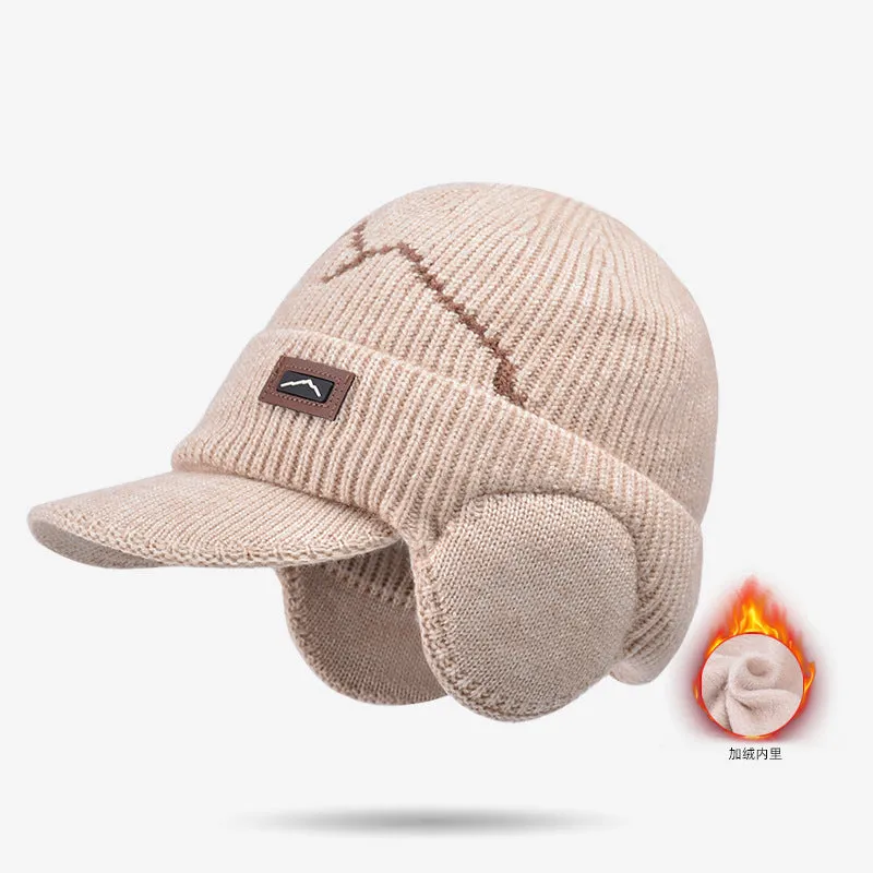 Winter outdoors cycling earflaps toque with velvet thickened peaked cap in beige side view