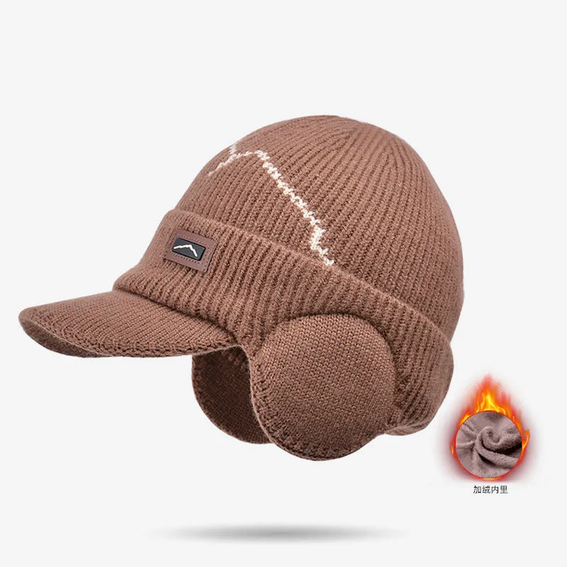 Winter outdoors cycling earflaps toque with velvet thickened peaked cap in beige side view