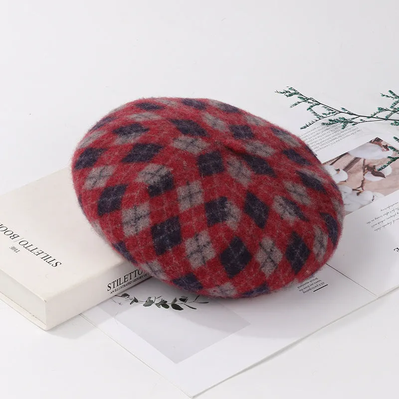 Wool plaid beret in blue light coffee plaid colour with tassel, dome crown, and adjustable fit for women autumn winter