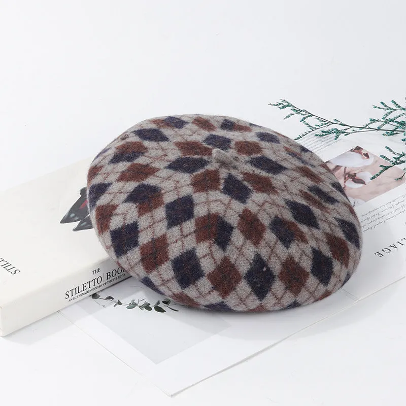 Wool plaid beret in blue light coffee plaid colour with tassel, dome crown, and adjustable fit for women autumn winter