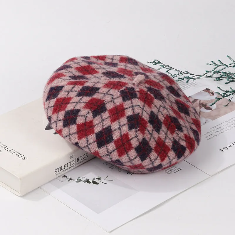 Wool plaid beret in blue light coffee plaid colour with tassel, dome crown, and adjustable fit for women autumn winter