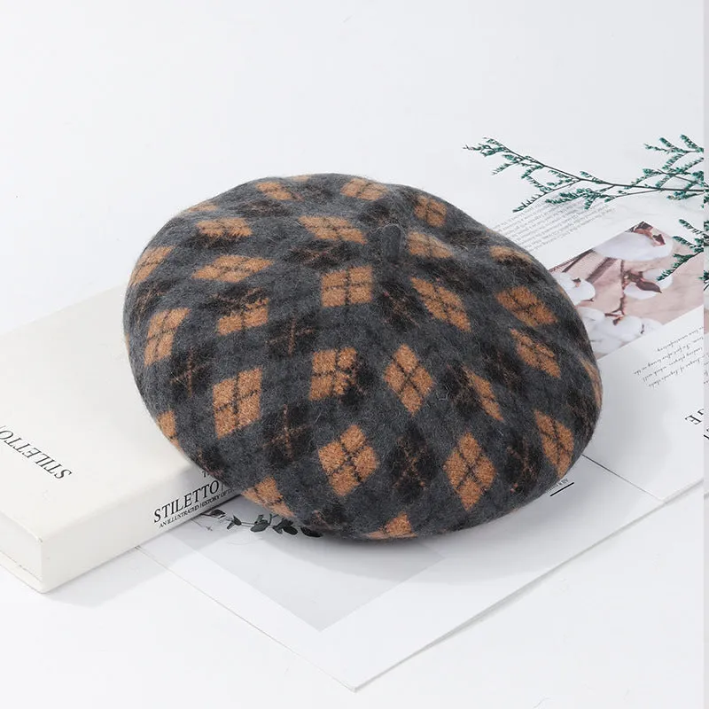 Wool plaid beret in blue light coffee plaid colour with tassel, dome crown, and adjustable fit for women autumn winter