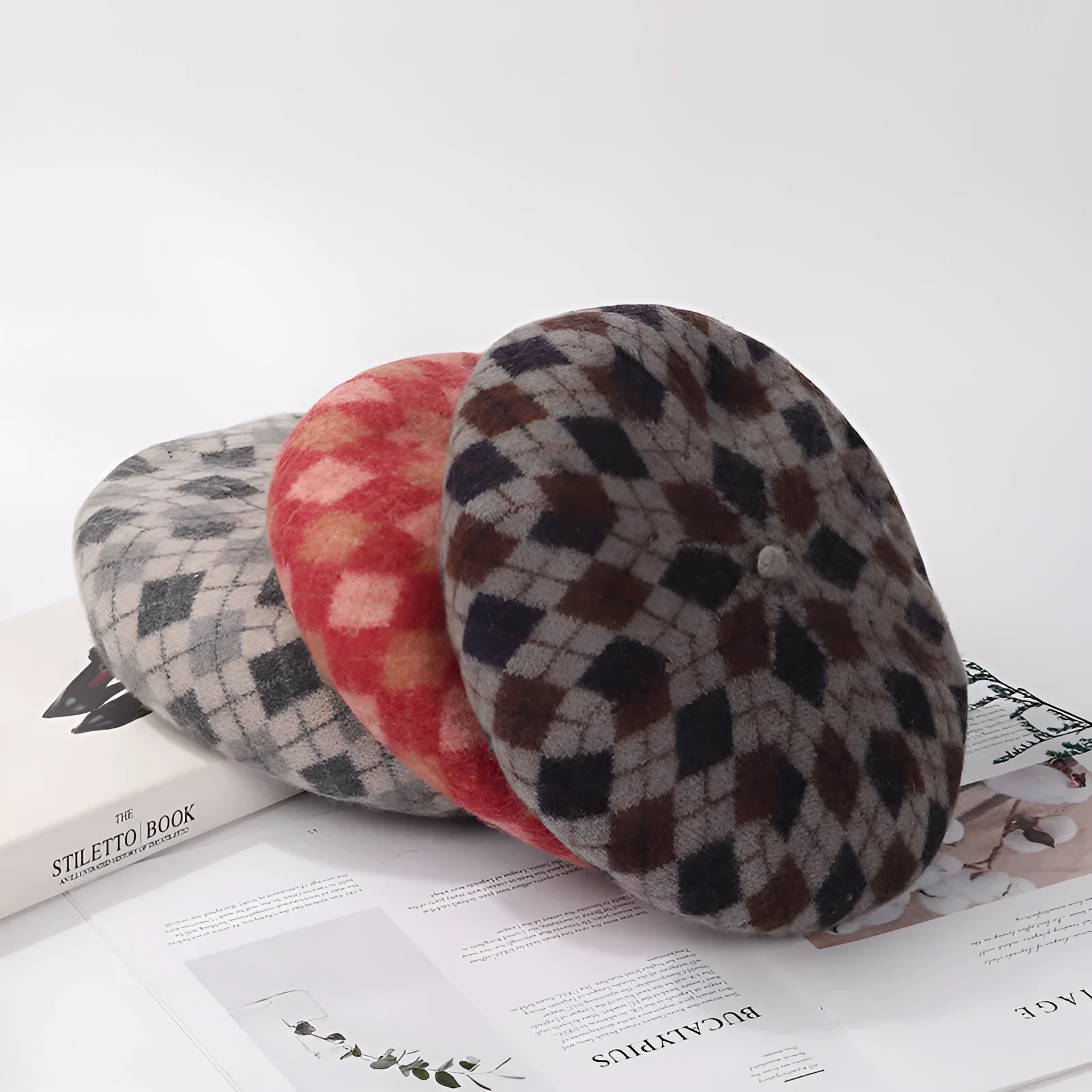 Wool plaid beret in blue light coffee plaid colour with tassel, dome crown, and adjustable fit for women autumn winter