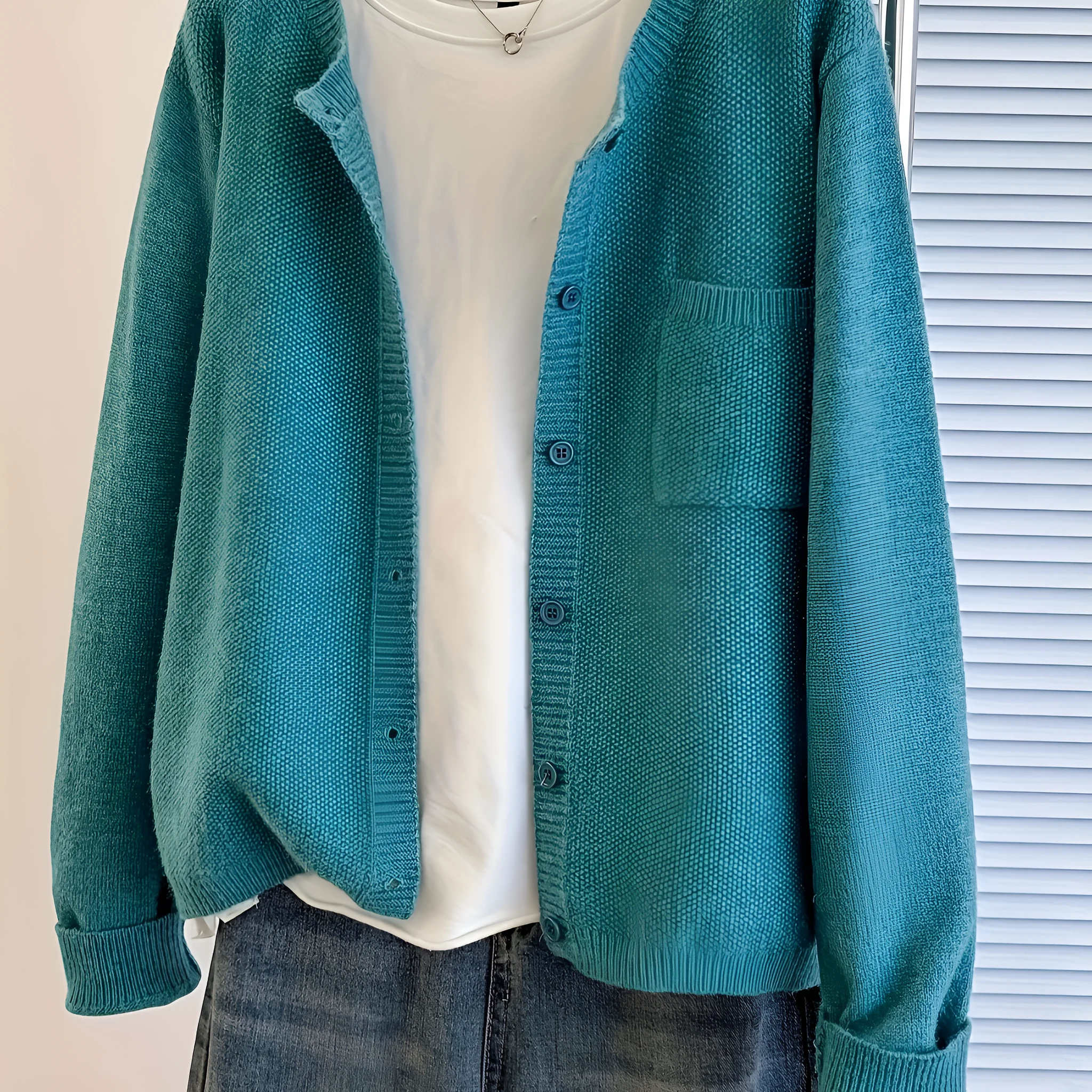Solid colour round neck cardigan jacket for women in sky blue with button front and princess sleeves