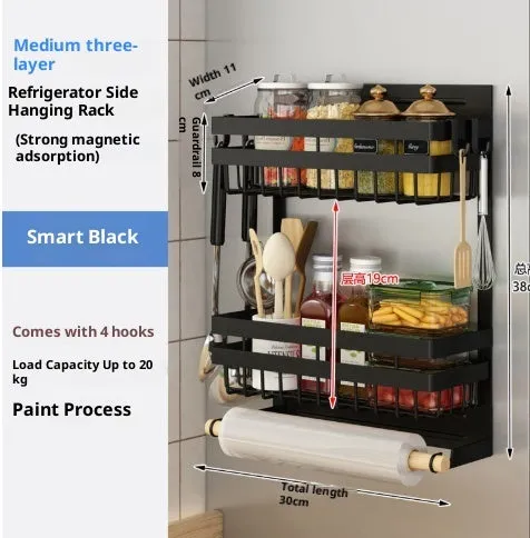 Black magnetic metal refrigerator side storage rack holding a tissue roll and a seasoning bottle