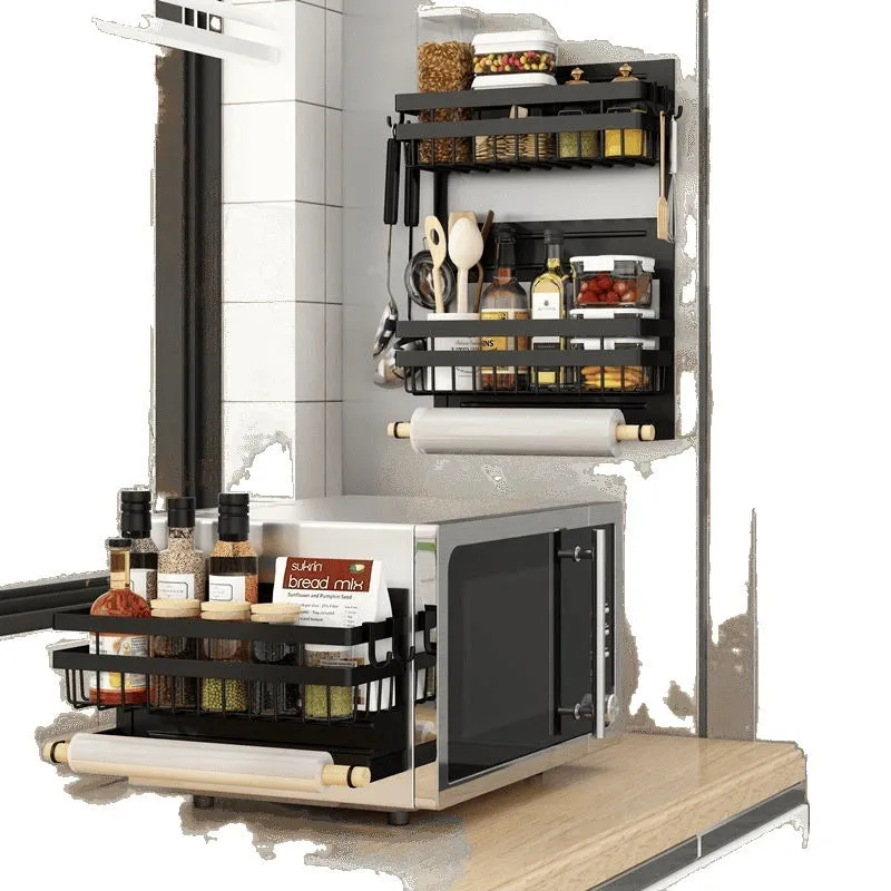 Black magnetic metal refrigerator side storage rack holding a tissue roll and a seasoning bottle