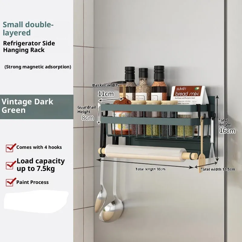 Black magnetic metal refrigerator side storage rack holding a tissue roll and a seasoning bottle
