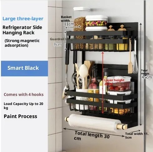 Black magnetic metal refrigerator side storage rack holding a tissue roll and a seasoning bottle
