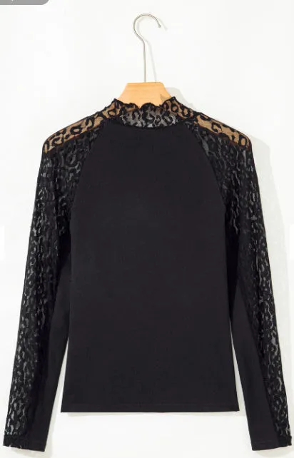 Black leopard print mesh stitching knitted long-sleeved top for women, front view