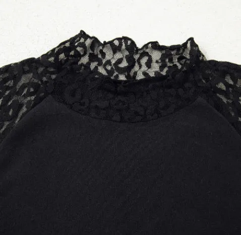 Black leopard print mesh stitching knitted long-sleeved top for women, front view