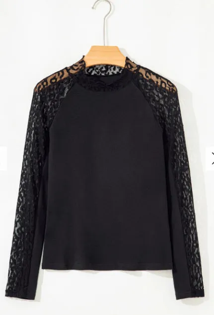 Black leopard print mesh stitching knitted long-sleeved top for women, front view