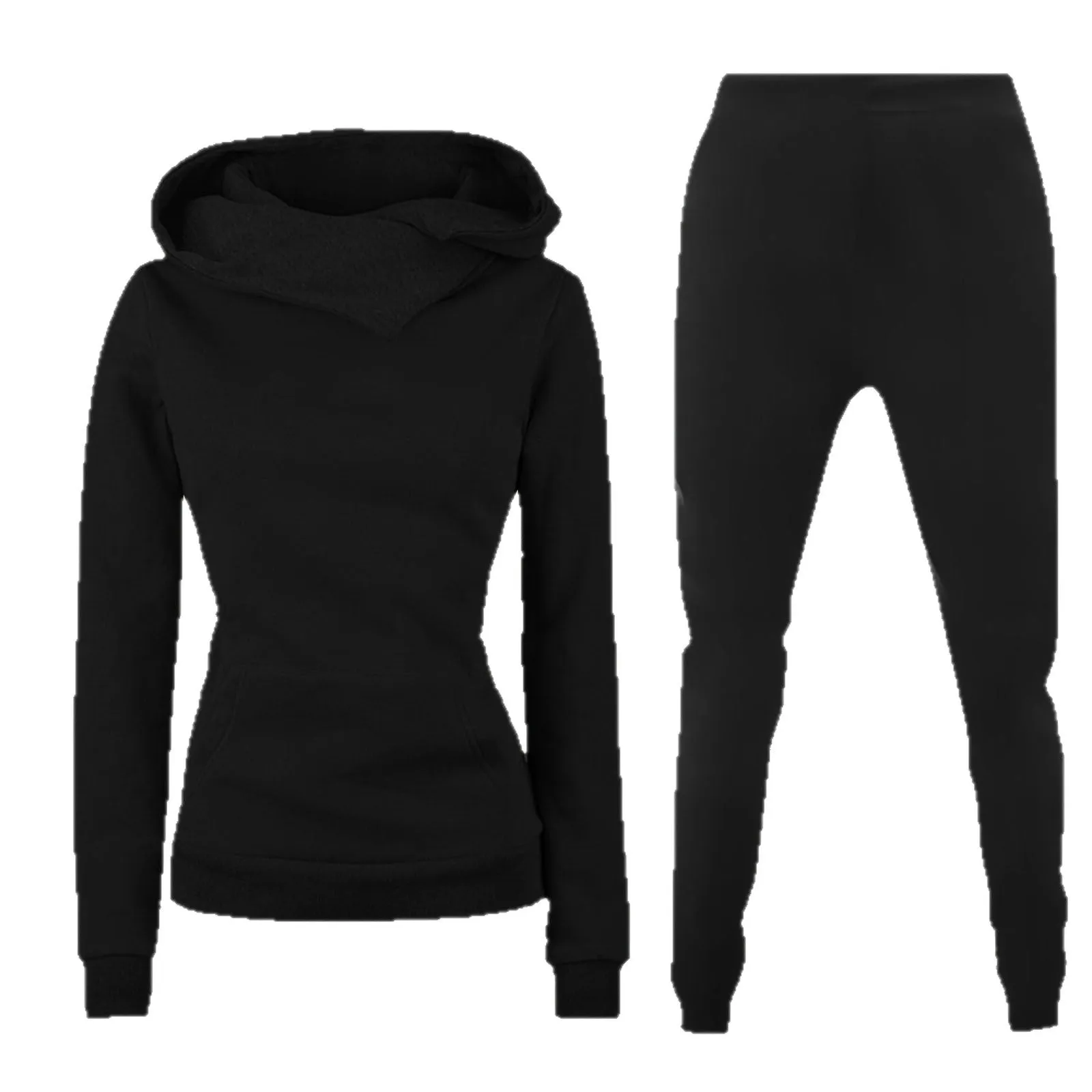 Ladies hooded sweater casual suit two-piece set in solid colour with long sleeves and print, polyester fibre fabric