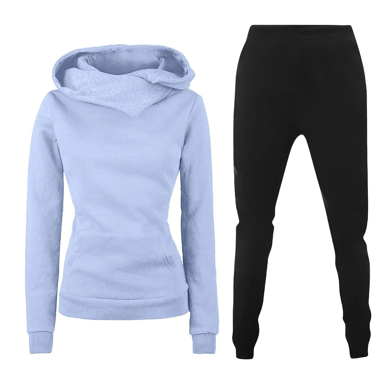 Ladies hooded sweater casual suit two-piece set in solid colour with long sleeves and print, polyester fibre fabric