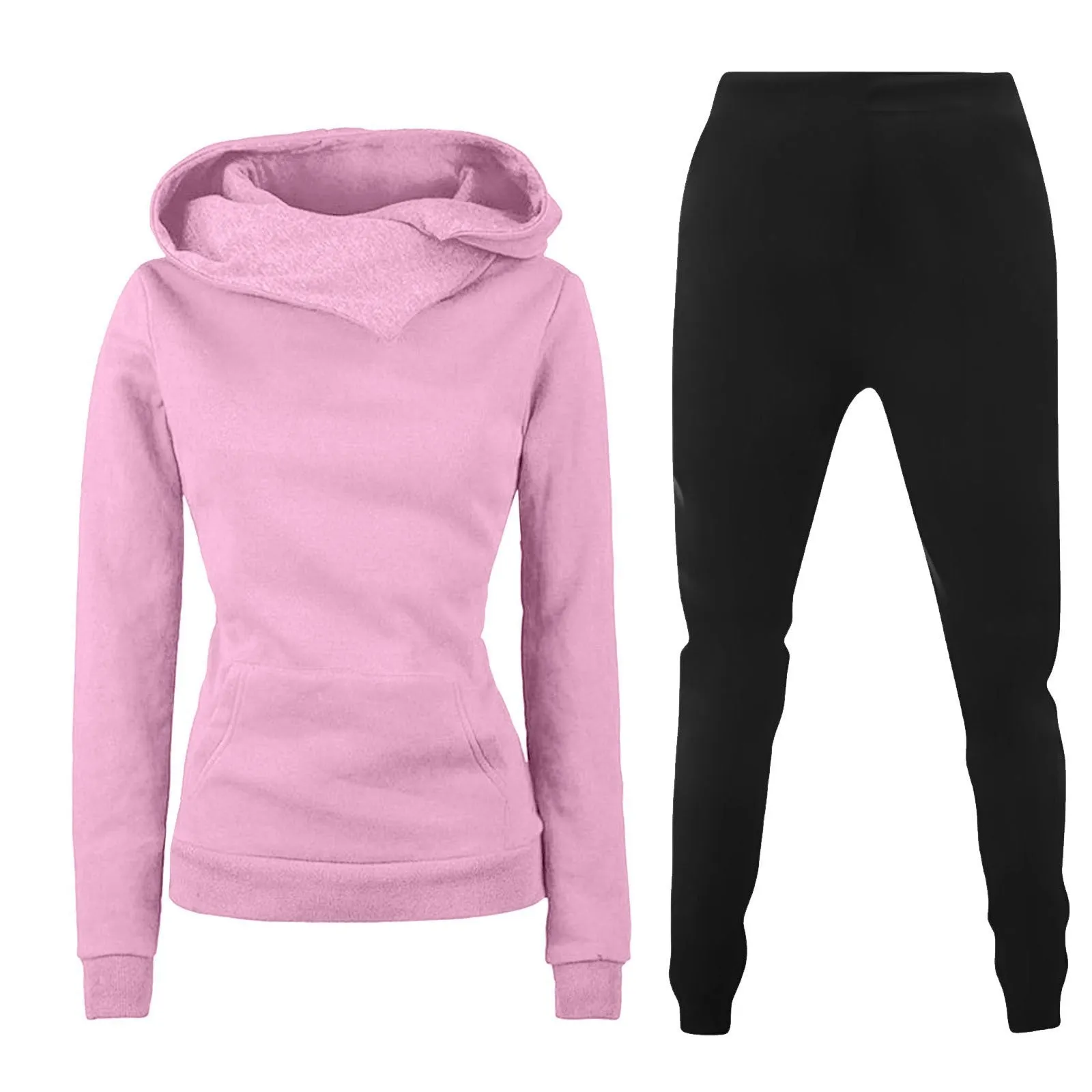 Ladies hooded sweater casual suit two-piece set in solid colour with long sleeves and print, polyester fibre fabric