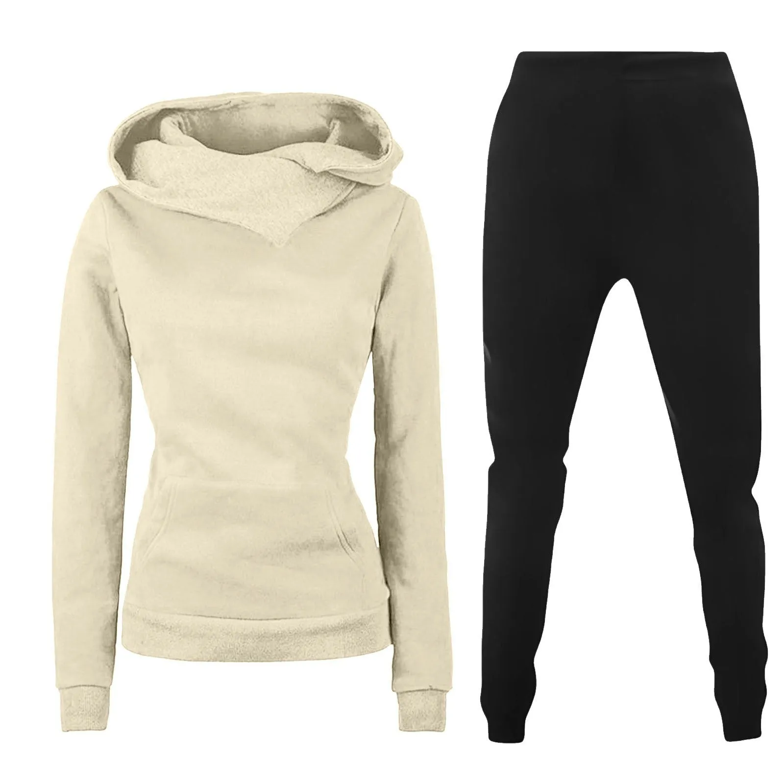 Ladies hooded sweater casual suit two-piece set in solid colour with long sleeves and print, polyester fibre fabric