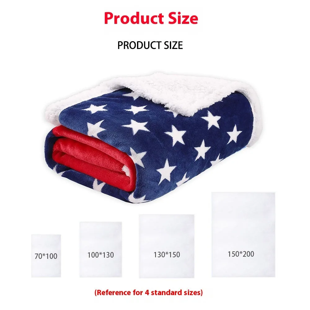 Striped American-style polyester blanket shown in three size options: 80x120cm, 100x130cm, and 130x150cm.