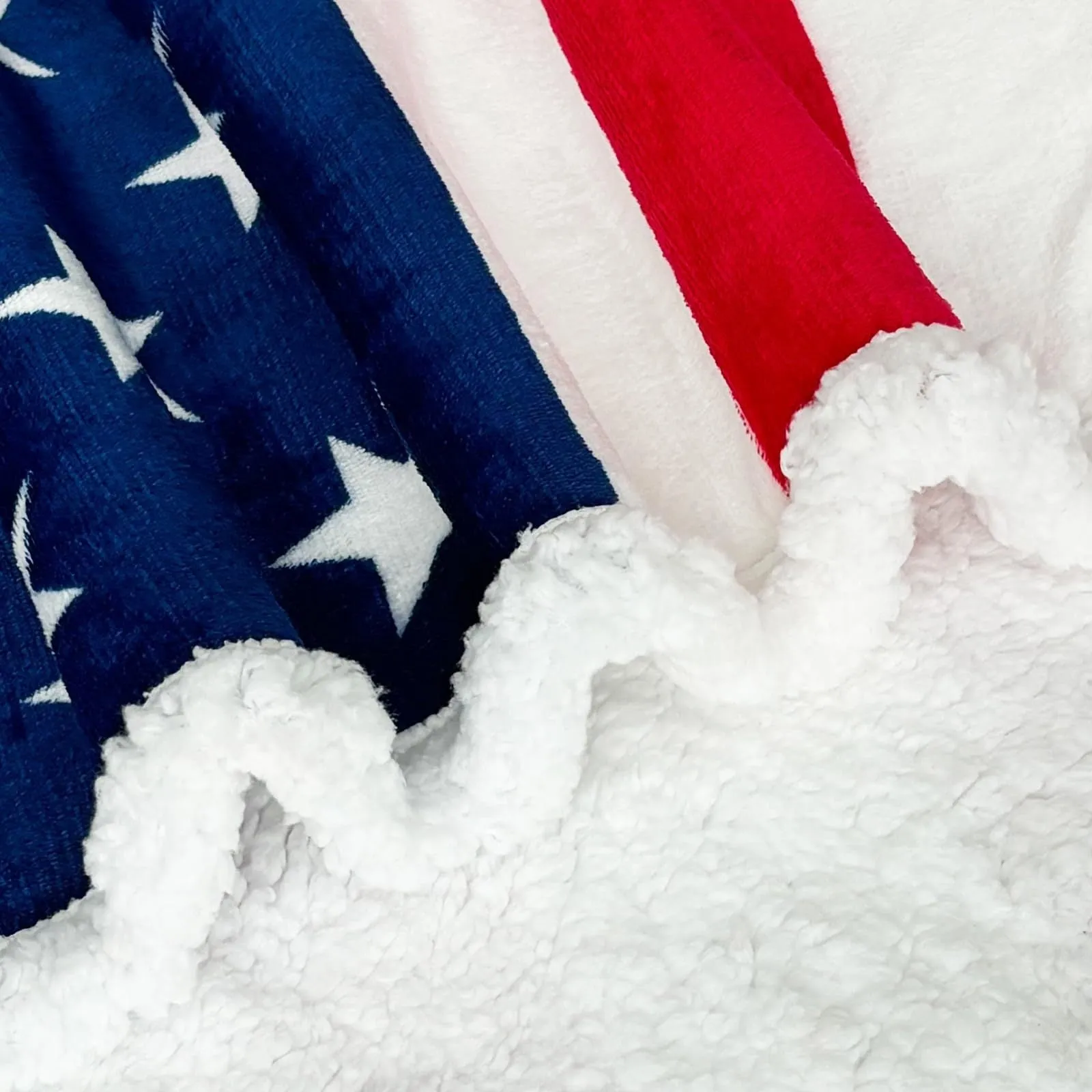 Striped American-style polyester blanket shown in three size options: 80x120cm, 100x130cm, and 130x150cm.