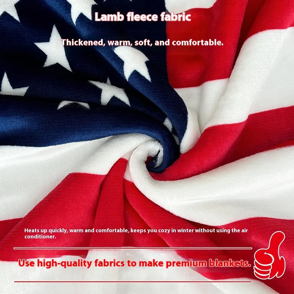 Striped American-style polyester blanket shown in three size options: 80x120cm, 100x130cm, and 130x150cm.