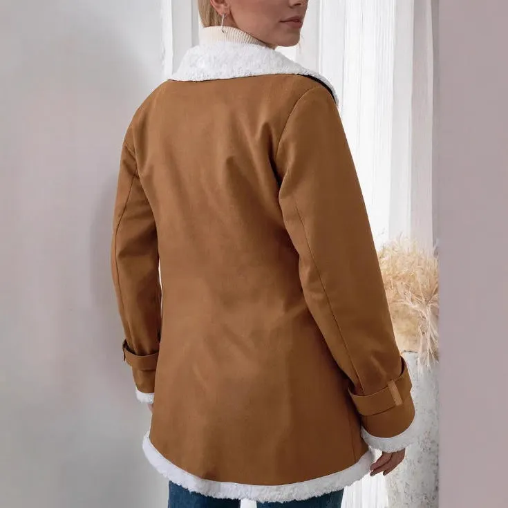 Women's light brown suede lapel mid-length jacket with pockets, loose fit, on hanger