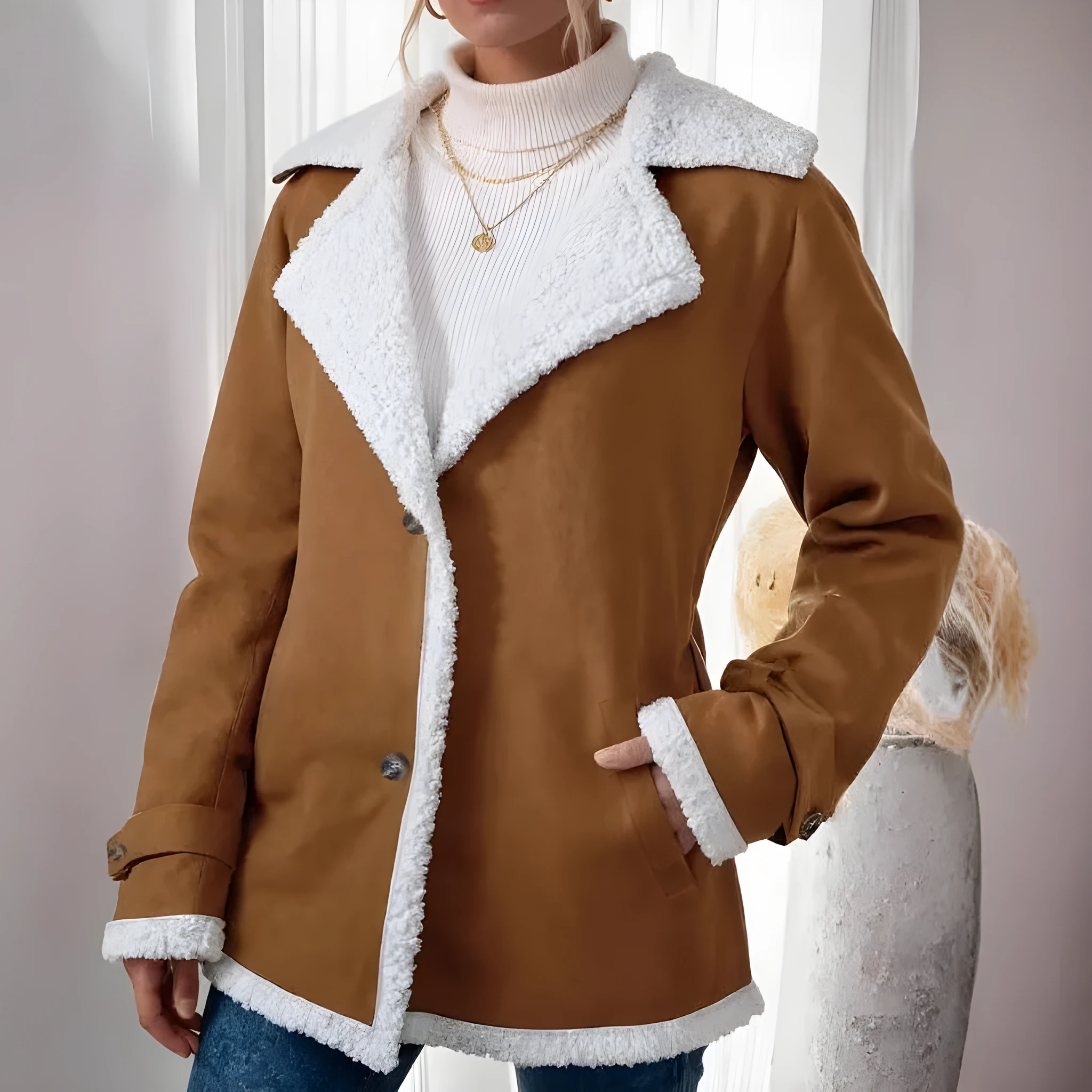 Women's light brown suede lapel mid-length jacket with pockets, loose fit, on hanger