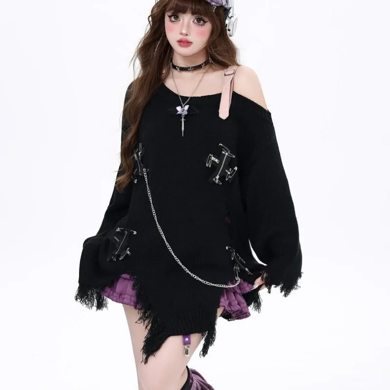 Off-the-shoulder ripped tassel sweater for women in loose fit polyester autumn winter purple black pink