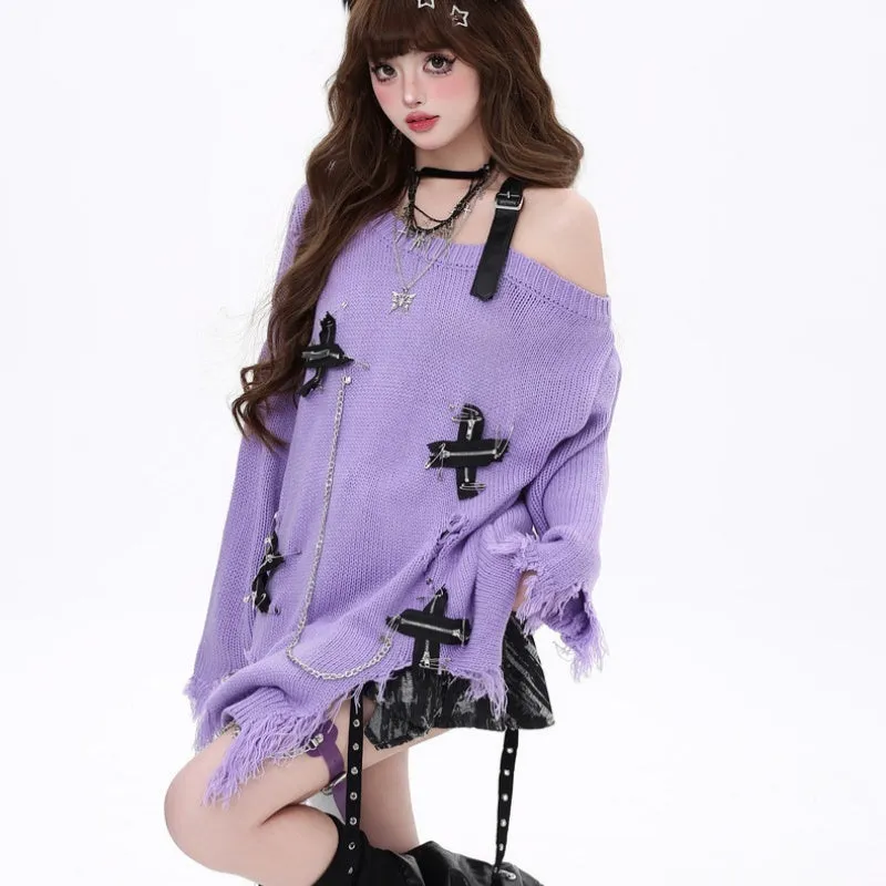 Off-the-shoulder ripped tassel sweater for women in loose fit polyester autumn winter purple black pink