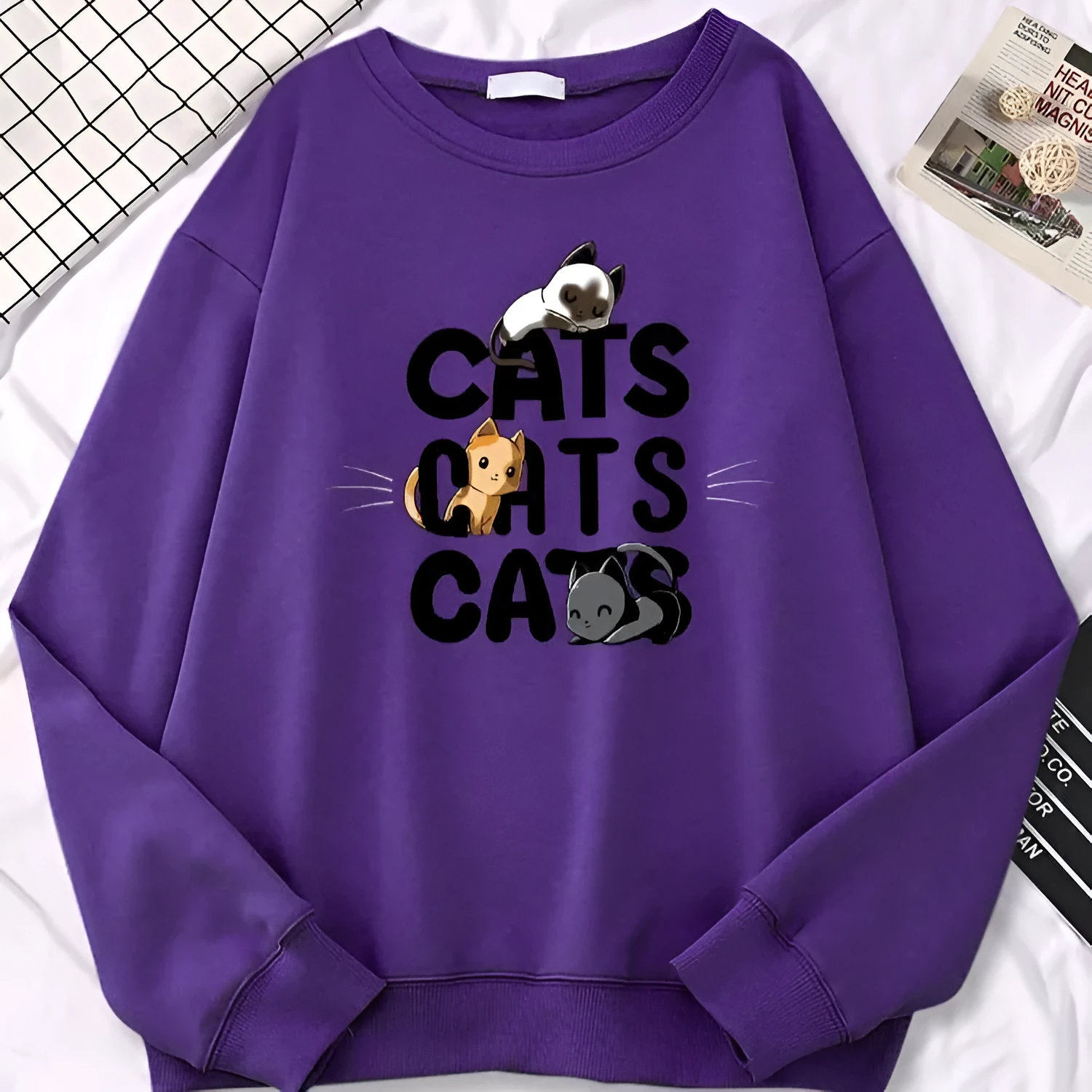 Drop-shoulder sleeve casual sports hoodie sweater loose fit polyester print pocket purple front view