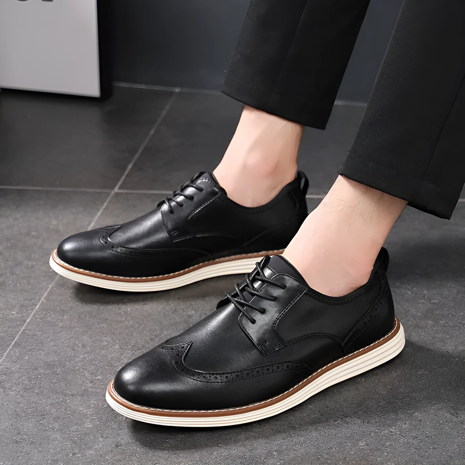 Men's black slip-on business casual shoes with round toe and low-top PU upper.