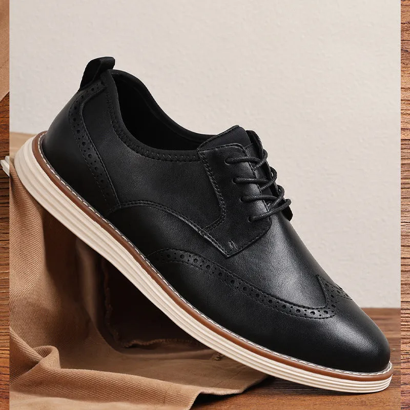 Men's black slip-on business casual shoes with round toe and low-top PU upper.